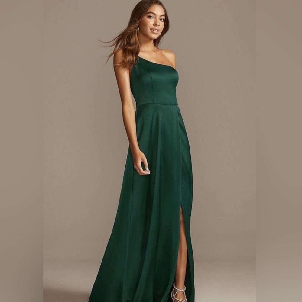 David's Bridal Green Ruched One-Shoulder Gown